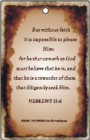 Air Fresheners - Contact us for more information on our gospel novelty items and air fresheners featuring a variety of fragrances and inspirational bible passages to choose from.